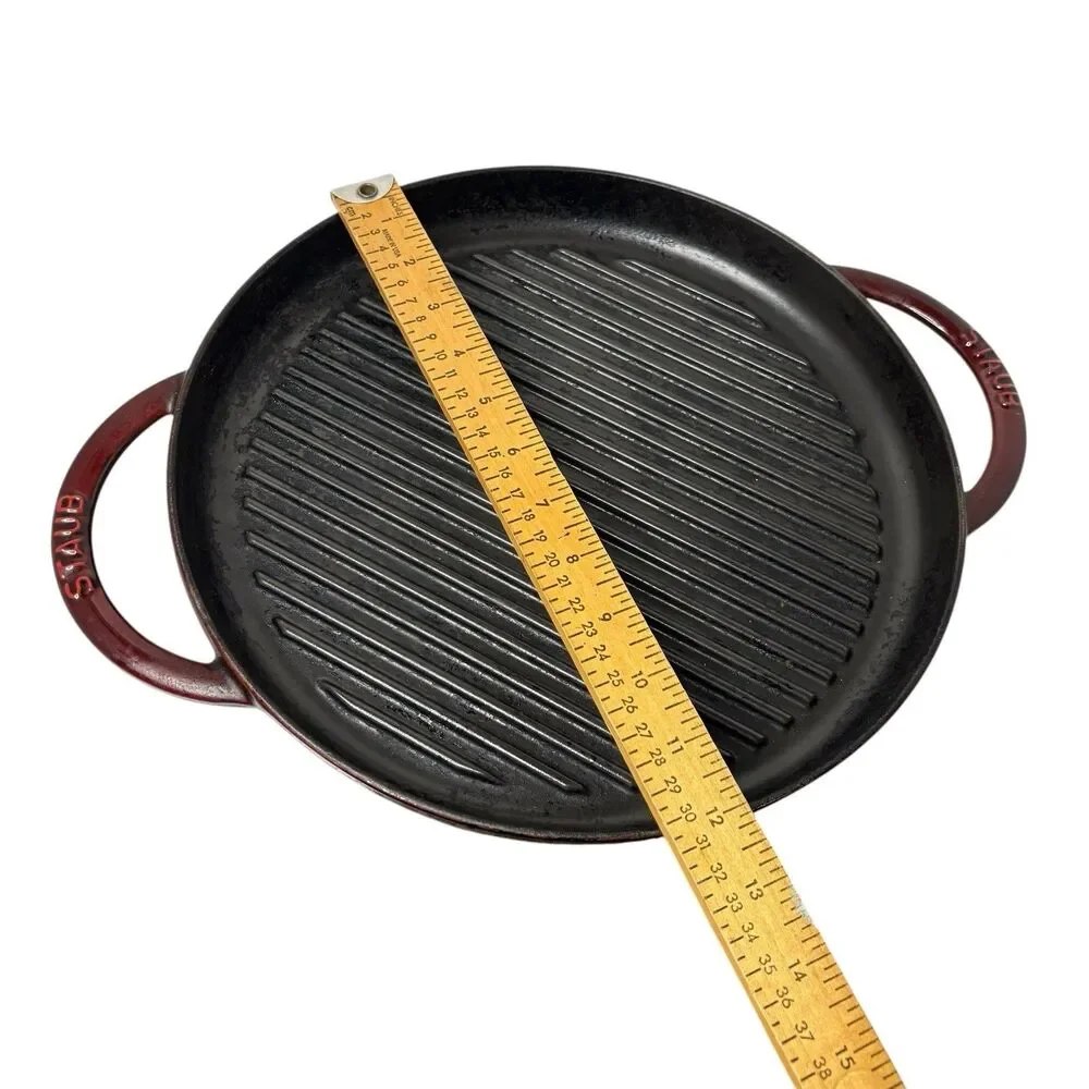 STAUB Cast Iron Round Steam Grill 12” Dark Red Enamel Glass Lid Made In France
